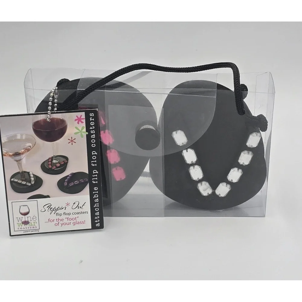 Wine Wear Steppin Out Flip Flop Glass Coasters Set of 4 Rhinestone Black Foam